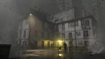 puddle night grey fog smoking cat artistic building HD Desktop Wallpaper | Background Image