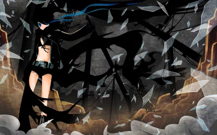 A captivating HD desktop wallpaper featuring Anime character Black Rock Shooter, showcasing dynamic, dark visuals with shades of black and blue amidst a dramatic, broken glass landscape.