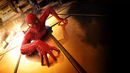 HD PC desktop wallpaper featuring Tobey Maguire as Spider-Man, portraying Peter Parker in a dynamic pose on a building rooftop from the Spider-Man movie.