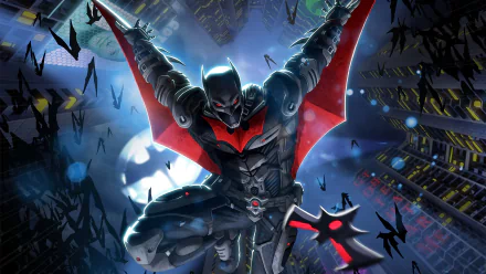 DC Comics Batman Beyond comic-style 4K Ultra HD PC desktop wallpaper: futuristic red-and-black Batman leaping through a neon, moonlit cityscape amid a swirling swarm of bats.