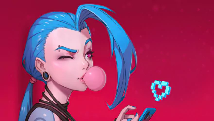 4K Ultra HD desktop wallpaper of Jinx, the video game character from League of Legends: blue hair, pink eyes, winking while blowing a bubble and holding a phone on a magenta background.