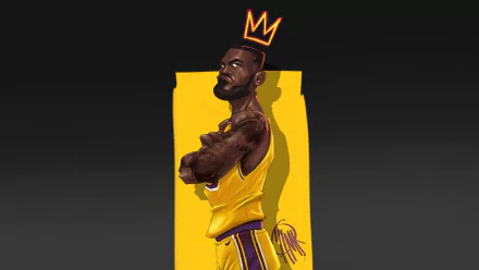 Digital artwork of LeBron James in a basketball uniform with a crown above his head, set against a vibrant yellow background, designed as a 4K Ultra HD sports wallpaper.