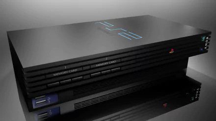 HD PC desktop wallpaper showcasing a sleek, black PlayStation 2 console from the classic video game era.