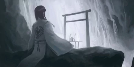 An anime-style shrine maiden sitting contemplatively in front of a torii gate with a misty waterfall backdrop, captured as an HD desktop wallpaper.