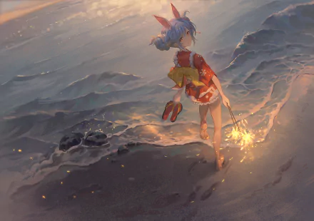 HD desktop wallpaper featuring Hololive's virtual YouTuber Usada Pekora with blue hair in a kimono, walking along a beach at sunset.