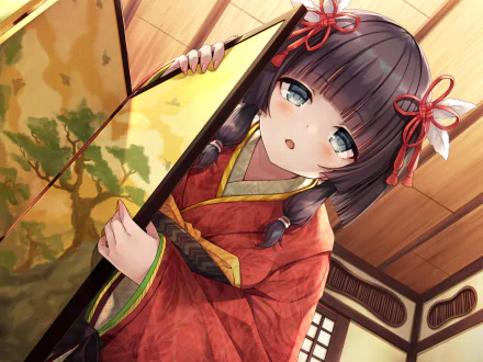 2K Quad HD PC wallpaper of an anime girl with brown hair in a red kimono, peeking from behind a painted screen in a warm, traditional room.