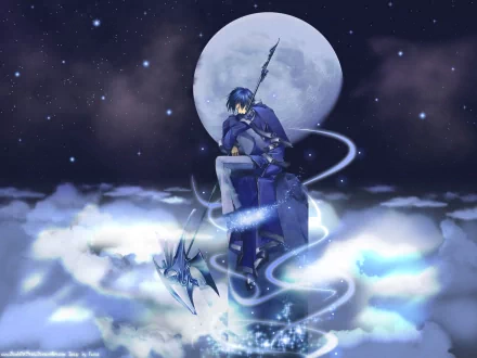 A blue-haired anime boy sits on a cloud, gazing at a large moon, accompanied by a mystical creature, creating a serene and dreamy atmosphere in this HD desktop wallpaper.