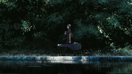 A schoolgirl from an original anime walks by a serene pond, carrying a guitar case, surrounded by lush greenery. This HD image serves as an engaging desktop wallpaper.