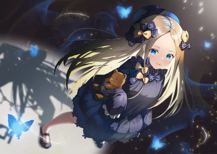 Anime-style HD wallpaper of Abigail Williams from Fate/Grand Order with long blonde hair, blue eyes, and a teddy bear, surrounded by glowing blue butterflies.