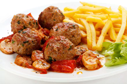 french fries tomato meat food meatball HD Desktop Wallpaper | Background Image