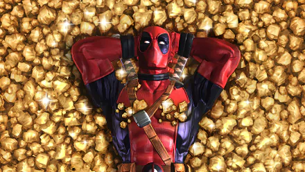 Deadpool sprawled on a pile of gold, smiling in his red suit — 2K Quad HD PC desktop wallpaper for MARVEL Contest of Champions video game.