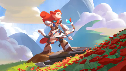 Aloy from Horizon Zero Dawn, with her signature red hair and bow, stands confidently on a rock surrounded by vibrant flowers under a bright sky in this 4K Ultra HD video game wallpaper.