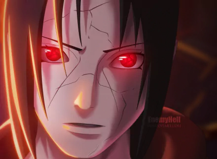 HD PC desktop wallpaper featuring Itachi Uchiha from the anime Naruto, showcasing his intense red Sharingan eyes and detailed face scars in vivid colors.