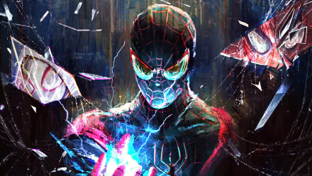 HD PC desktop wallpaper featuring Miles Morales as Spider-Man from the movie Spider-Man: Into The Spider-Verse, showcasing vibrant, electrifying artwork.