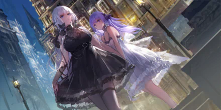 Anime Azur Lane HD PC wallpaper: Unicorn and Illustrious in contrasting black and white dresses pose on a rain-slick city street at night.