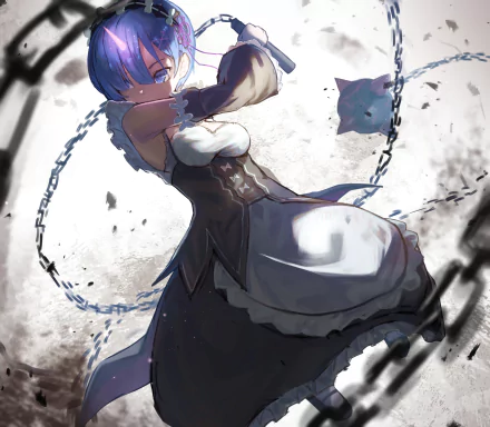 HD PC desktop wallpaper featuring Rem from Re:Zero - Starting Life in Another World, depicted in dynamic action with chains and a detailed anime art style.