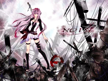 A dynamic HD wallpaper featuring Luka Megurine from the anime Vocaloid, set against a backdrop of chaotic lines and abstract shapes. The word NOISE prominently displayed.