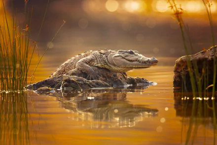 HD desktop wallpaper showing a crocodile resting in calm water, its reflection clearly visible, surrounded by grasses and warm golden light.