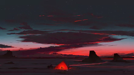 A glowing tent beneath a dramatic night sky in an artistic landscape, captured in vivid detail for a 4K Ultra HD PC desktop wallpaper and background.