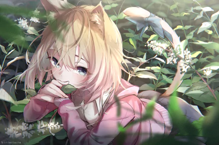 HD PC desktop wallpaper: original anime of a blonde, aqua‑eyed girl with animal ears and tail, lounging in flowering bushes while holding a leaf, wearing a pink sweater.