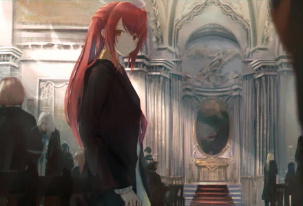 Exusiai (Arknights) in a dark suit stands in an ornate hall, red hair flowing among blurred figures — 4K Ultra HD PC desktop wallpaper from the Arknights video game.