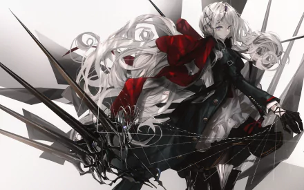 2K Quad HD PC wallpaper/background — original anime: silver‑haired character in black and red coat, flowing hair, holding a dark jagged blade and chained weapon amid sharp monochrome shards.