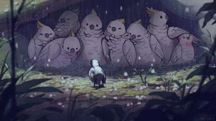 Anime-style Sulphur-crested Cockatoo birds in a lush, rainy setting with green foliage in the background. HD desktop wallpaper featuring a charming scene of birds amidst nature.