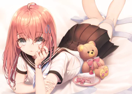 5K Ultra HD PC desktop wallpaper: anime girl with pink hair reclining beside a teddy bear and a slice of cake.