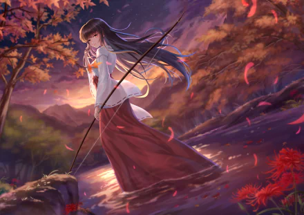 Kikyô from InuYasha stands in a serene autumn forest at sunset, rendered in vibrant anime style, featured as a 4K Ultra HD PC desktop wallpaper and background.