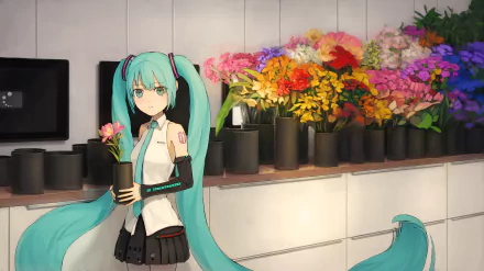 Hatsune Miku with long blue twin-tail hair holds a potted flower in front of a row of vibrant bouquets — 2K Quad HD anime Vocaloid desktop wallpaper.