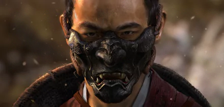 Close-up HD PC desktop wallpaper of Jin Sakai wearing a detailed mask from the video game Ghost of Tsushima, highlighting intense eyes and traditional armor.