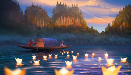 A fantasy landscape HD desktop wallpaper depicting a serene mountain river with a boat and glowing floating lanterns under a colorful sunset sky.