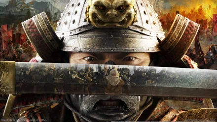 HD PC desktop wallpaper featuring a close-up of a samurai warrior from the video game Total War: Shogun 2, with detailed armor and a battle scene reflected on the sword.