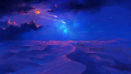 A fantasy HD wallpaper featuring a camel caravan under a mystical moonlit sky with vibrant colors, starry night, and swirling clouds, creating a surreal desert landscape.