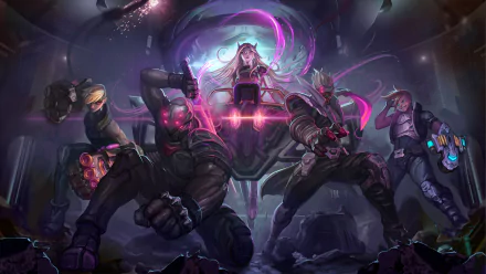 4K Ultra HD League of Legends wallpaper featuring champions Vi, Sona, Ezreal, and Shen in a dynamic, dark-themed battle scene.