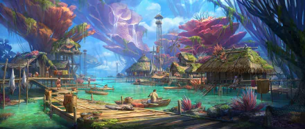 HD fantasy landscape wallpaper depicting a vibrant village with colorful foliage, thatched huts, and wooden docks over clear blue water under a bright sky.