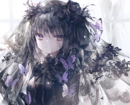 Original anime HD PC desktop wallpaper/background: an ethereal girl with long dark hair and violet butterflies drifting around her amid a misty monochrome scene.