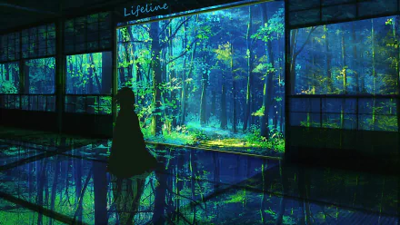 HD desktop wallpaper from Demon Slayer: Kimetsu no Yaiba featuring a shadowy figure overlooking a mystical blue-lit forest.