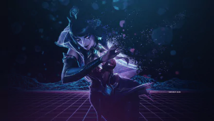 4K Ultra HD PC wallpaper: LeBlanc (League of Legends) — shadowy illusionist in purple-teal cyber glow, fragments scattering above a neon grid horizon.