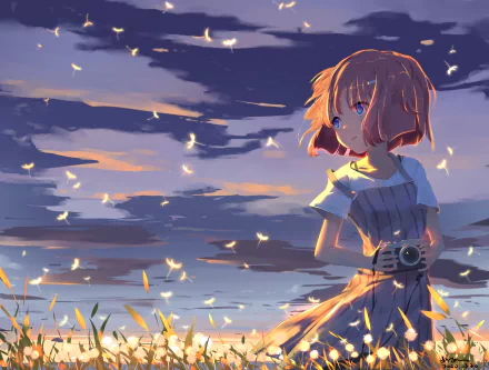Anime original 4K Ultra HD PC desktop wallpaper: young girl in a sundress holding a camera on a windswept shore at sunset, glowing motes drifting across the sky.