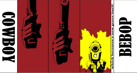 4K Ultra HD anime wallpaper from Cowboy Bebop featuring a stylized red and yellow design with hands holding guns and a robotic figure on a desktop background.