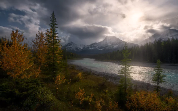 Jasper National Park Alberta Canada vegetation cloud mountain landscape fall nature river HD Desktop Wallpaper | Background Image