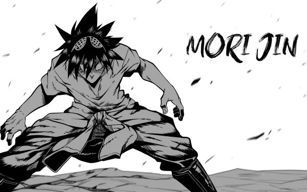 HD desktop wallpaper featuring Jin Mori from the anime The God of High School in a dynamic pose, with his name displayed on the right side of the image.