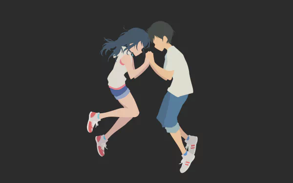 Minimalist 4K Ultra HD anime wallpaper featuring Hodaka Morishima and Hina Amano from Weathering with You against a dark background.