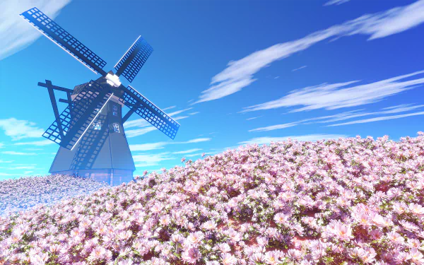Anime-style HD wallpaper featuring a vibrant flower field with a windmill under a bright blue sky, capturing a serene and original Sky Anime scene.