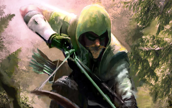 HD PC desktop wallpaper featuring Arrow from DC Comics, depicted in a dynamic pose with his bow drawn in a forested environment.