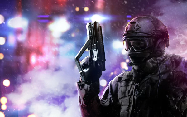 4K Ultra HD PC desktop wallpaper: sci-fi warrior in tactical armor and visor, holding a futuristic handgun against a neon, smoky city backdrop.