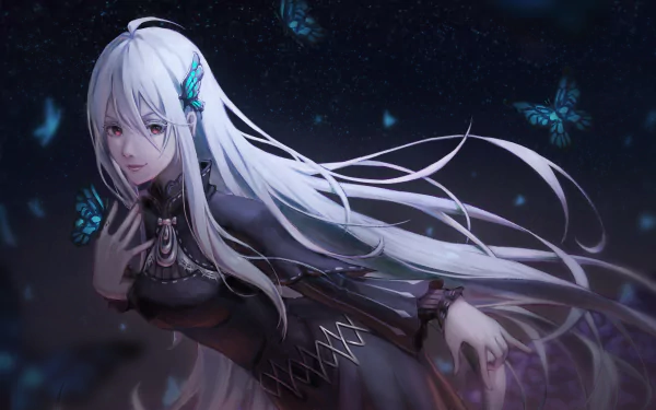 HD desktop wallpaper featuring Echidna from Re:Zero - Starting Life in Another World, with long white hair, set against a dark background with blue butterflies.