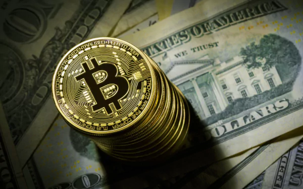 Stack of golden Bitcoin coins placed on US dollar bills, symbolizing the fusion of digital cryptocurrency and traditional money, captured in 4K Ultra HD detail.