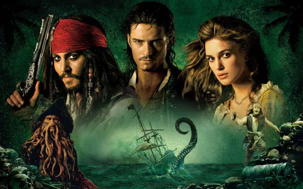 Geoffrey Rush Orlando Bloom Keira Knightley Johnny Depp Hector Barbossa Will Turner Elizabeth Swann Jack Sparrow movie Pirates Of The Caribbean: Dead Man's Chest HD Desktop Wallpaper | Background Image